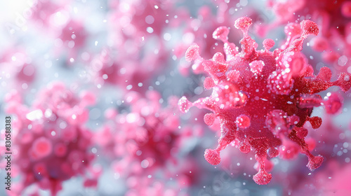 Closeup of pink virus on blue and white background, looks like flower in macro photo © ЮРИЙ ПОЗДНИКОВ