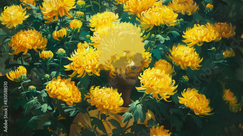 Surrealistic oil painting of a figure obscured by a bouquet of lush green leaves and yellow chrysanthemums, photo