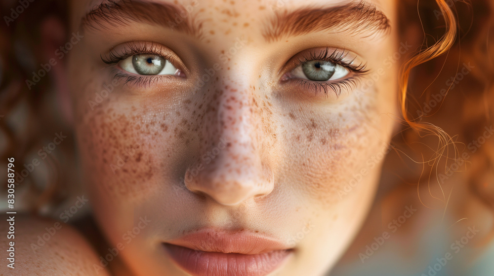 Close-Up Portrait of a Freckled Woman. An artistic close-up portrait of a young woman with striking blue eyes and a face full of freckles. Close-Up Portrait of a Freckled Woman. An artistic close-up portrait of a young woman with striking blue eyes and a face full of freckles.
