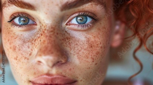 Close-Up Portrait of a Freckled Woman. An artistic close-up portrait of a young woman with striking blue eyes and a face full of freckles.