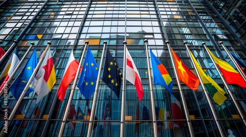 A building displaying numerous flags of EU member states