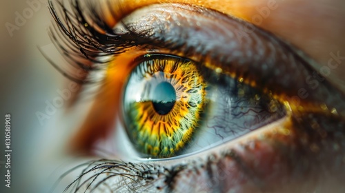  A tight shot of an eye, its iris a blend of green and yellow, with a building reflected in the iris's center