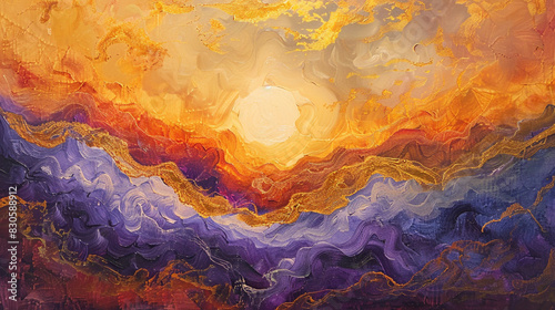 Abstract oil canvas with a surreal interpretation of a sunrise, featuring shades of orange, purple, and gold for a magical feel, photo