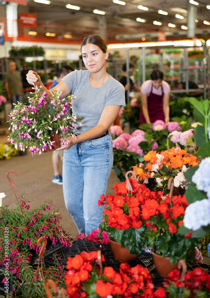 Glad young woman purchasing fuchsia in garden pot in point of sale of plants outdoors