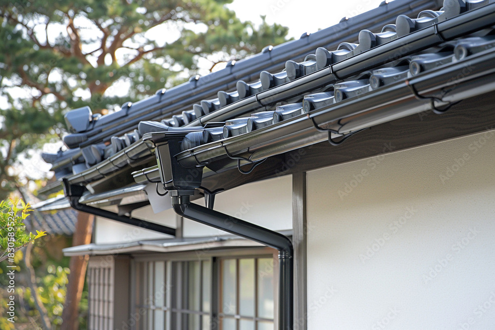 Fototapeta premium Closeup of the corner with a gray tiled roof and white wall, showing a black pipe for a rainwater collection system on the side of a house in the style of Japan.