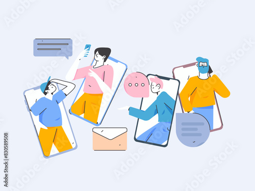 Virtual characters social communication concept business flat vector hand drawn illustration
