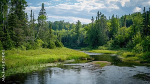 Summer scene featuring a river bend surrounded by trees photo
