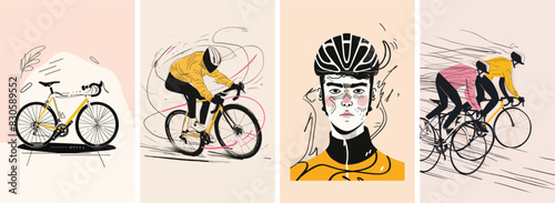 Collection of minimal road bike racing poster cover designs. Abstract cycling sports background