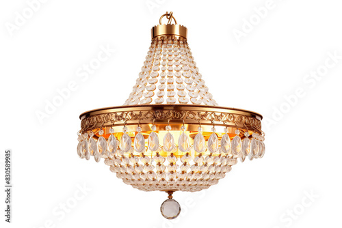 Glistening Elegance: A Majestic Chandelier of Gold and Crystals on White or PNG Transparent Background.