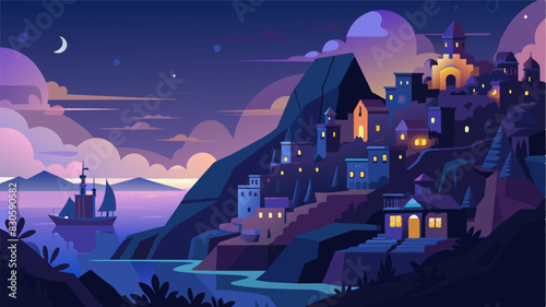 As night falls the coastal city transforms into a glittering wonderland as the blinking lights of eVTOLs add to the magical atmosphere.. Vector illustration