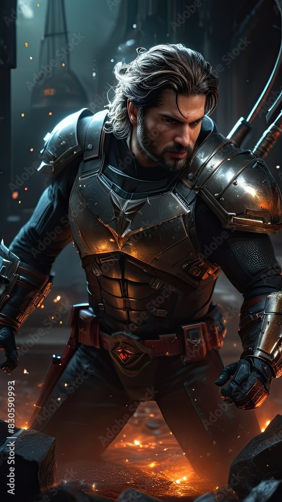 Dressed in ragged dark armour and holding custom pistol survival poses in dark background looking at camera.