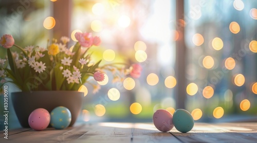 Blurred Interior of Bright Modern Office Space Celebrating Easter Holiday, Panoramic Windows with Beautiful Lighting