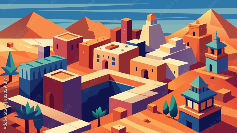 The city below was a mosaic of geometric shapes and vibrant colors each building designed with a unique blend of traditional desert architecture and sleek modern features.. Vector illustration The city below was a mosaic of geometric shapes and vibrant colors each building designed with a unique blend of traditional desert architecture and sleek modern features.. Vector illustration