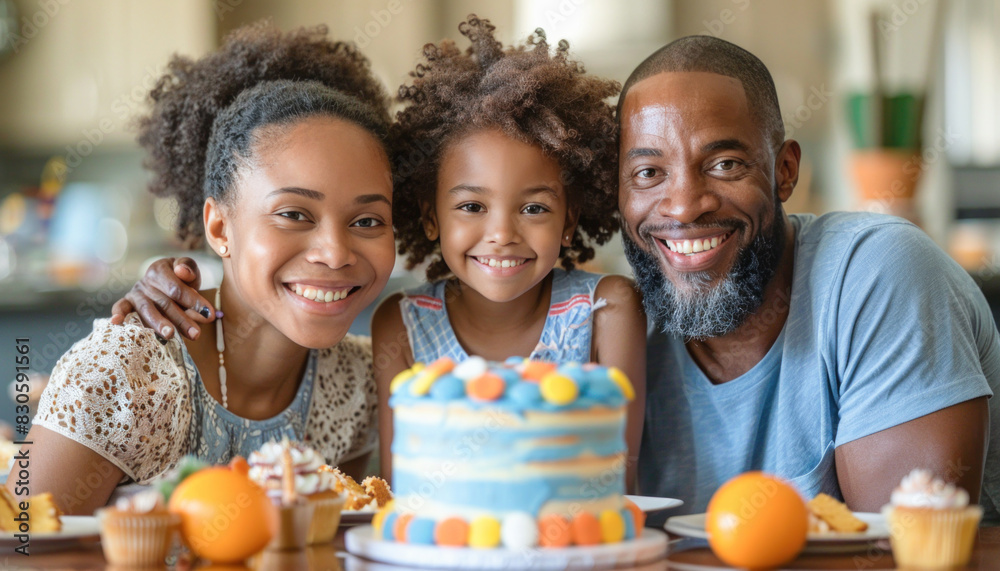 A family gathers to take a photo next to a birthday cake, smiling and celebrating together A family gathers to take a photo next to a birthday cake, smiling and celebrating together