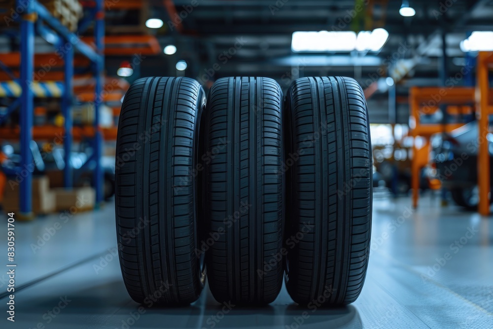 Close-up of a car engine in an industrial setting with detailed wheels and tires Close-up of a car engine in an industrial setting with detailed wheels and tires