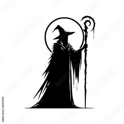 Black silhouette of a wizard holding his staff isolated on a white background.