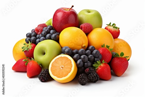 Assorted fresh fruits displayed together on white background for a fresh and colorful scene
