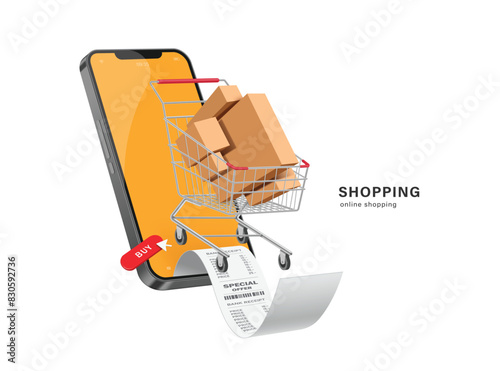 online shopping concept ,Parcel boxes or cardboard boxes stacked on top of each other in shopping cart come out of smartphone with receipt or invoice after customer confirm  order on red buy button