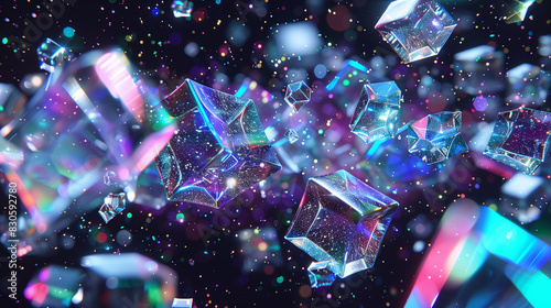 A colorful explosion of cubes in the sky. The cubes are of different sizes and colors, and they are scattered all over the image. Scene is chaotic and energetic