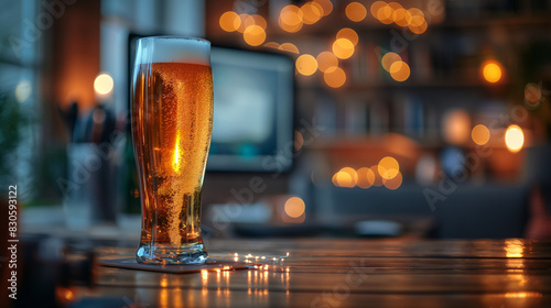 A glass of refreshing beer on a wooden table with a cozy, warmly lit background, creating a relaxing and inviting atmosphere. photo