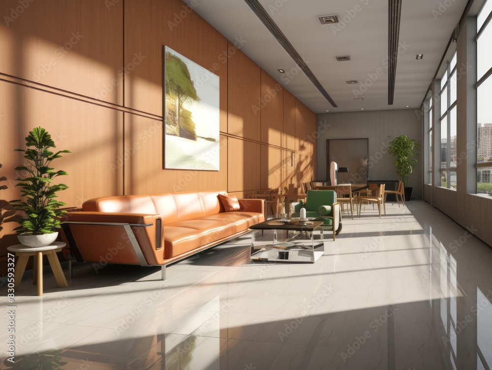 Modern interior design and business office space with leather sofas and potted plants in sunny day.