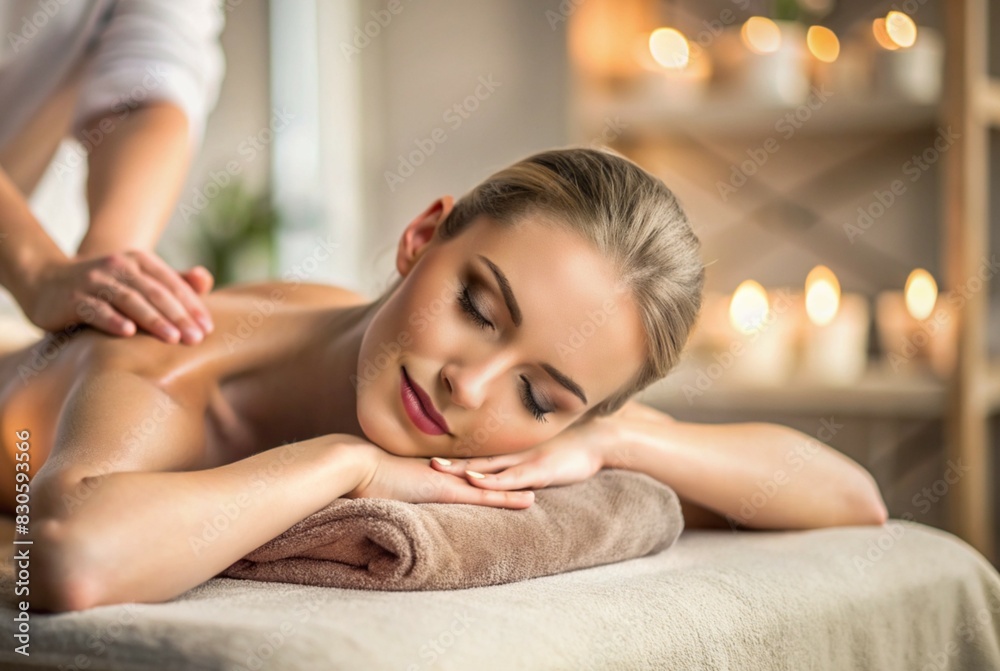 Obraz premium A banner for professional massage parlors. A young, beautiful blonde woman enjoys a massage in a modern spa by candlelight. Relaxation and harmony, body care.