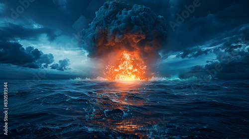 USA, Hawaii, Big Island, Volcano National Park, eruption along East Rift Zone Submarine on the background of a nuclear explosion, Generative  AI photo
