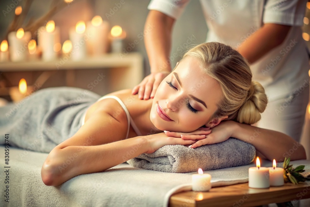 A banner for professional massage parlors. A young, beautiful blonde woman enjoys a massage in a modern spa by candlelight. Relaxation and harmony, body care. A banner for professional massage parlors. A young, beautiful blonde woman enjoys a massage in a modern spa by candlelight. Relaxation and harmony, body care.