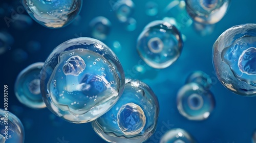 3D render : Macro shot of transparent bubbles moving towards each other.