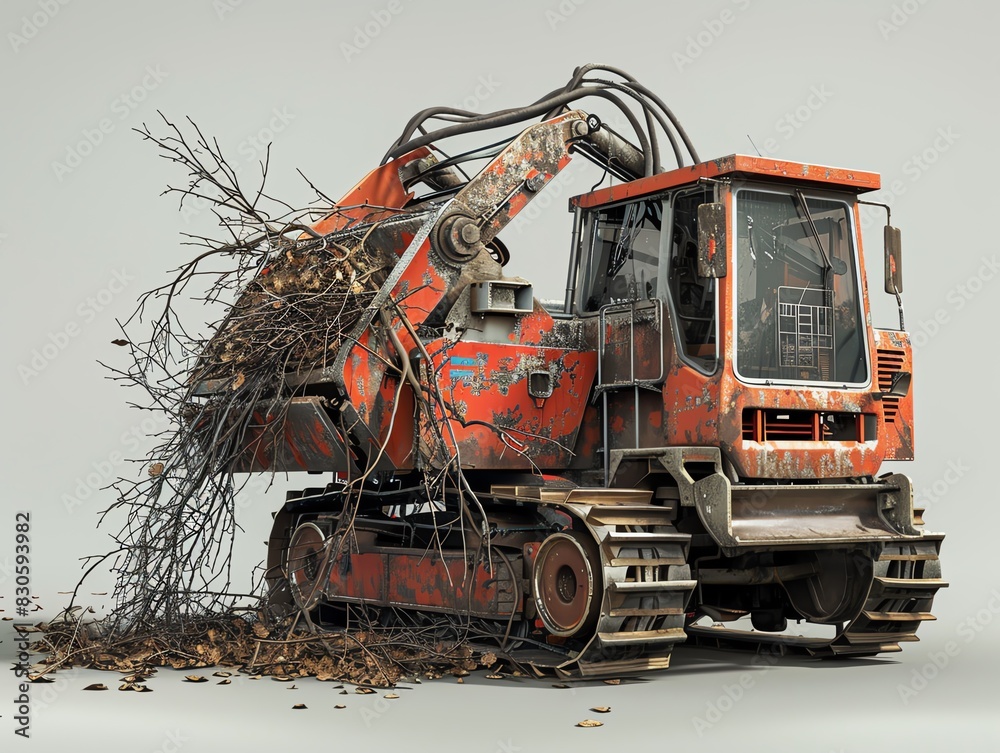 Forestry chipper with a feeding chute, chipping branches and wood, realistic textures Forestry chipper with a feeding chute, chipping branches and wood, realistic textures