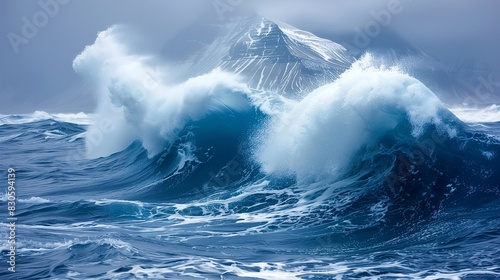 A glacier calving into the ocean, creating massive waves photo