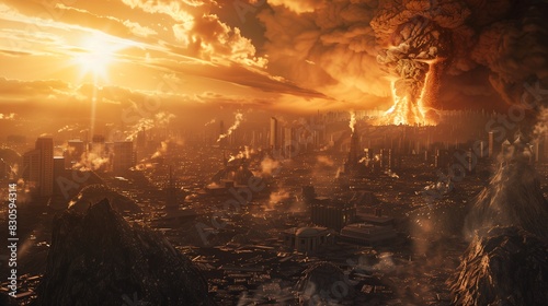 A post-apocalyptic scene of a city destroyed by a volcanic eruption