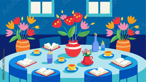 The tables were adorned with vibrant flowers and tered copies of the newly released book creating a welcoming atmosphere for guests.. Vector illustration