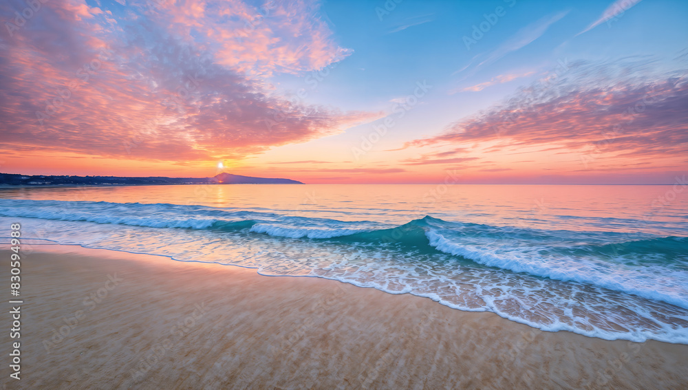Sunset over peaceful beach with gentle waves and colorful sky Sunset over peaceful beach with gentle waves and colorful sky
