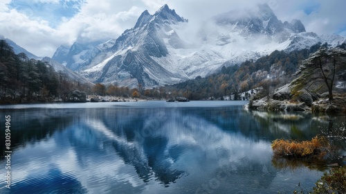Tranquil lake next to a mountain covered in snow