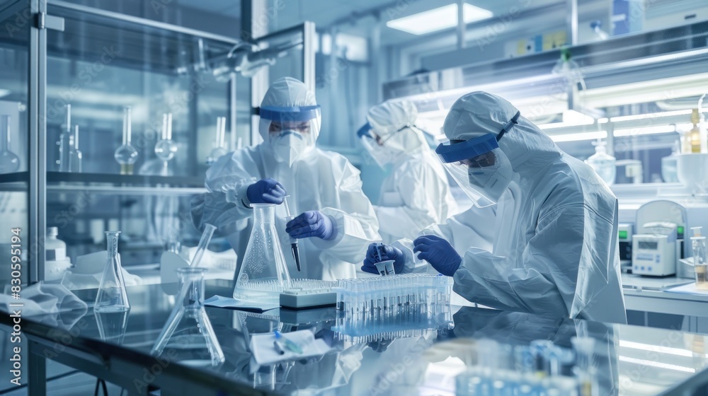 hospital laboratory with a clean and orderly atmosphere. with researchers wearing masks and gloves Preparing samples for analysis hospital laboratory with a clean and orderly atmosphere. with researchers wearing masks and gloves Preparing samples for analysis