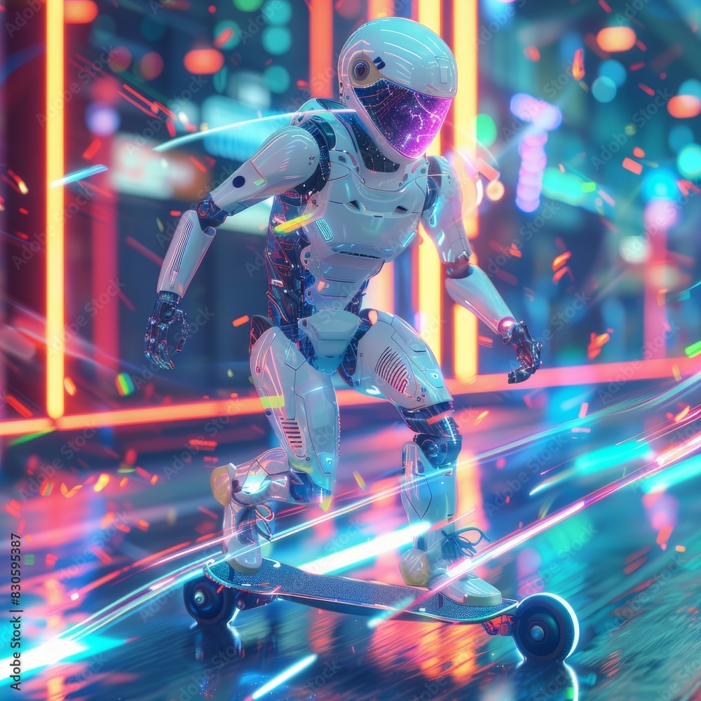 A futuristic robot skating on a hoverboard, leaving trails of neon light. A futuristic robot skating on a hoverboard, leaving trails of neon light.