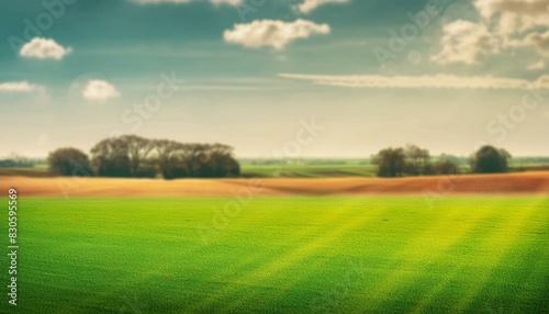 Vibrant green field with a line of trees in the distance Serene countryside landscape on a sunny day summer meadow, showcasing an expanse of green grass, a bright blue sky adorned with soft clouds 