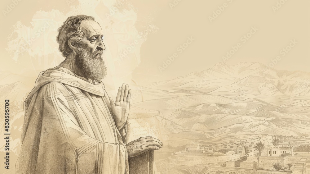 Fototapeta premium Biblical Illustration of St. Barnabas Preaching with Ancient Cyprus Background, Beige Background, Copyspace