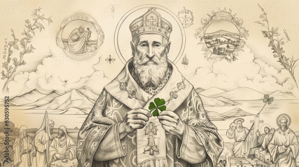 Fototapeta premium Biblical Illustration of St. Patrick Holding Shamrock with Irish Landscapes and Missionary Symbols, Beige Background, Copyspace
