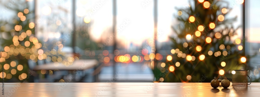 Beautiful blurred background of bright modern office interior celebrating opening/Christmas/Thanksgiving/New Year/Holidays with panoramic windows, 4k HD wallpaper, background, generated by AI.