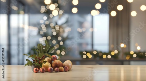 Beautiful blurred background of bright modern office interior celebrating opening/Christmas/Thanksgiving/New Year/Holidays with panoramic windows, 4k HD wallpaper, background, generated by AI. photo