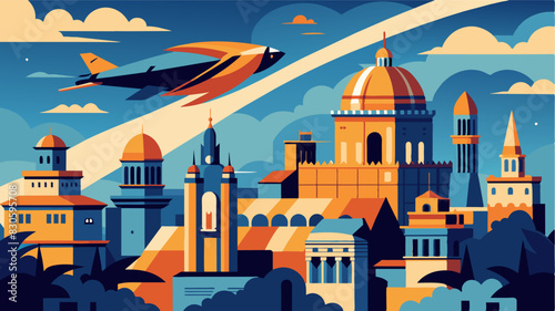 High above a city with intricate colonial architecture eVTOLs zip by with their sleek aerodynamic designs.. Vector illustration