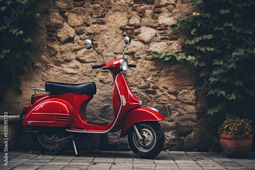 Vintage red scooter parked against a weathered wall  emanating a timeless nostalgic allure