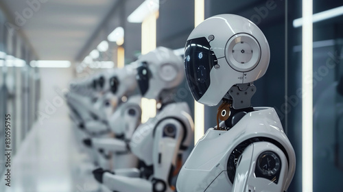 A group of robots are lined up in a factory. The robots are all white and have a robotic appearance. The scene is set in a factory, and the robots are likely being manufactured or assembled
