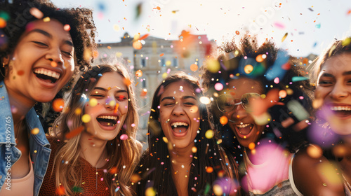 A group of five young women of diverse ethnicities celebrating with joyous laughter, showered in colorful confetti. The sun shines brightly, creating a warm and happy atmosphere