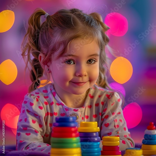 Joyful 4yearold using Montessori toys, focused look, soft purple pink backdrop, beautifully lit scene, photorealistic details photo