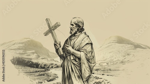 Biblical Illustration of St. Andrew Holding Cross in Scottish Highlands, Beige Background, Copyspace photo