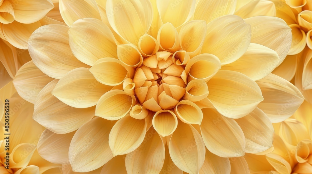 A close-up of a yellow flower with many petals, the center filled by its bloom A close-up of a yellow flower with many petals, the center filled by its bloom