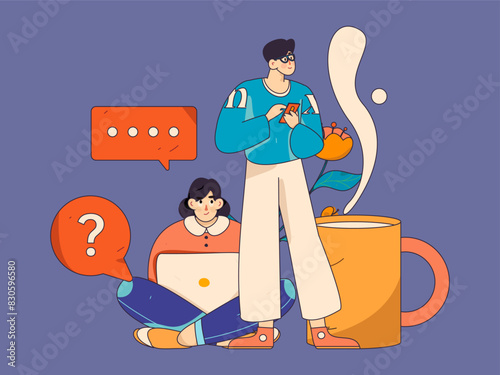Virtual characters social communication concept business flat vector hand drawn illustration

